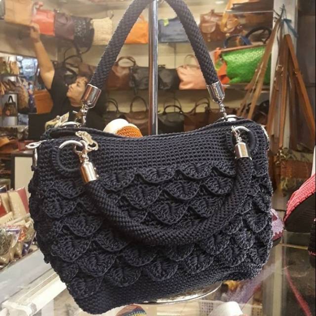 Tas Rajut Wanita Triple Sisik Pesta Bonza Biru Dongker Navy Selempang Jinjing Murah