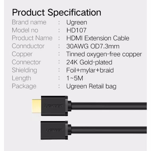 UGREEN Kabel Extension HDMI Male to HDMI Female Gold plated