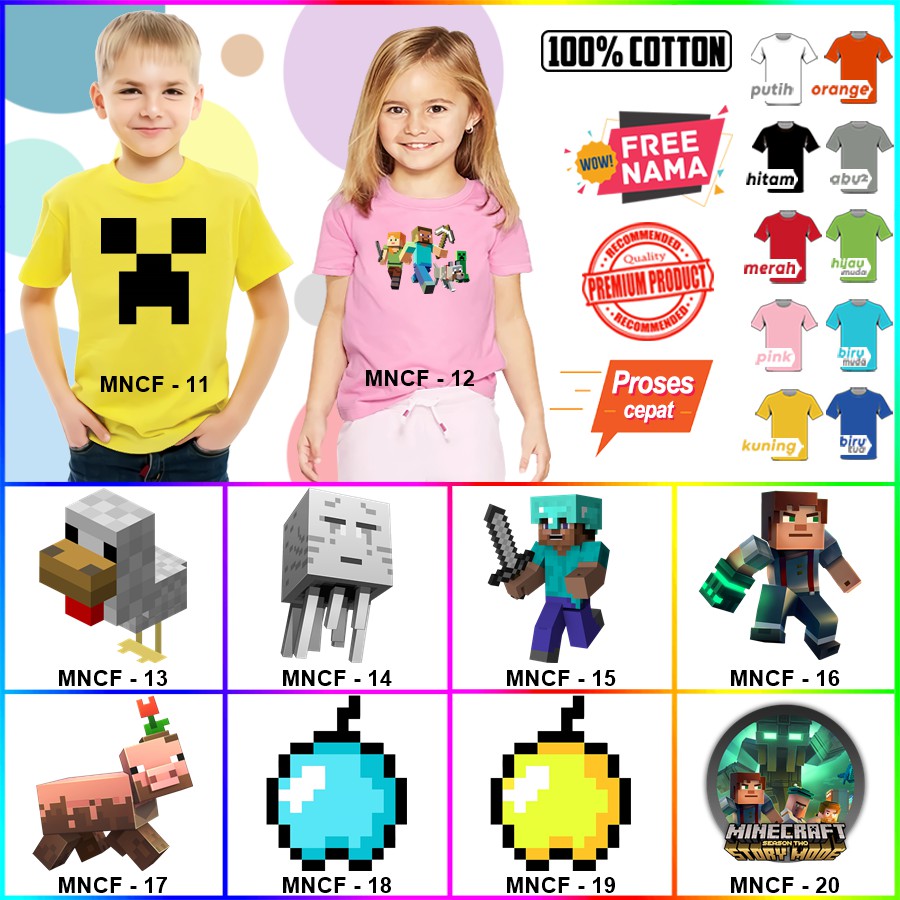 Baju Kaos ANAK DAN DEWASA MINECRAFT COUPLE (FREE NAMA)