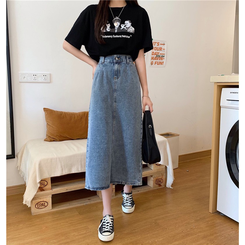 Rok split pinggang tinggi korean style Korea Style Rok denim jeans dres