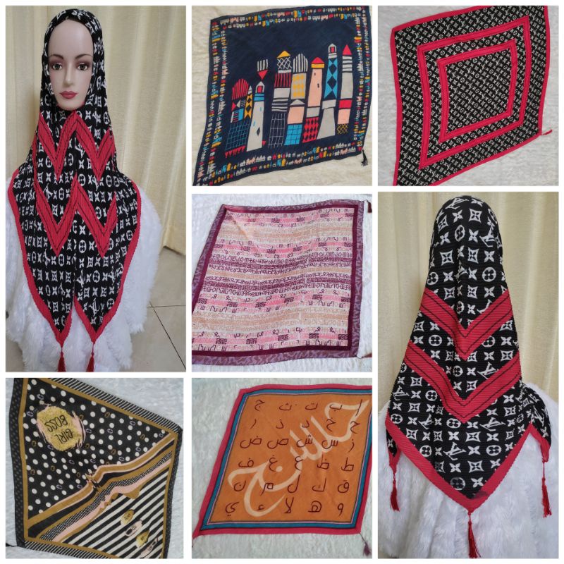 Hijab Segiempat Denay Plisket Tasel | Jilbab Plisket Segiempat Motif Arab Bunga Branded // Hijab Pli