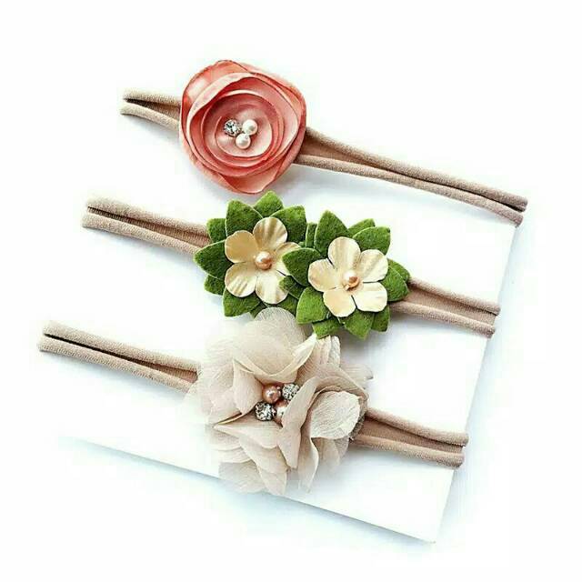 3 pcs flower pearl headband set bandana balita bayi lucu imut