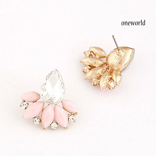 OW@ Women's Korean Style Teardrop Leaf Inlaid Rhinestone Earrings Ear Studs Jewelry