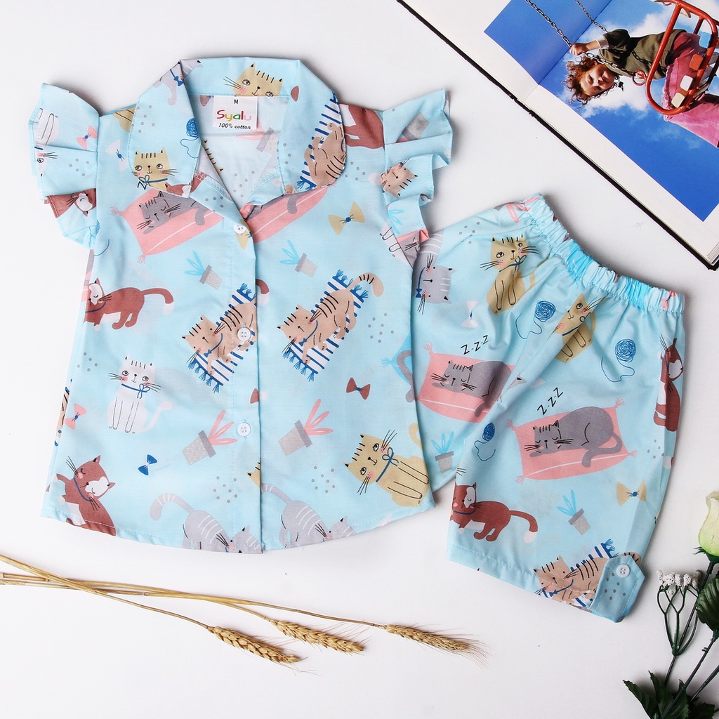 Piyama Anak Lengan Pendek Cotton Blue Cat