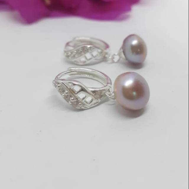Anting mutiara air tawar lombok asli rangka silver