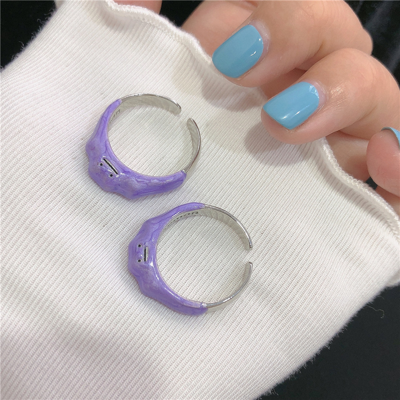 Cincin Model Terbuka Desain Smiley Face Warna Ungu Gaya Korea Untuk Wanita