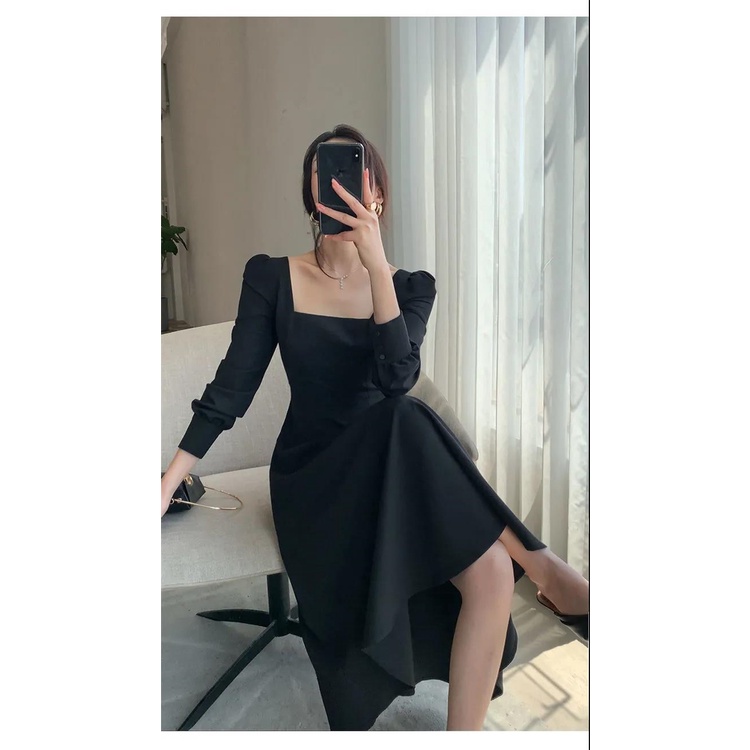 XIAOZHAINV Dress Wanita Korean Style Lengan Panjang Hitam H6673