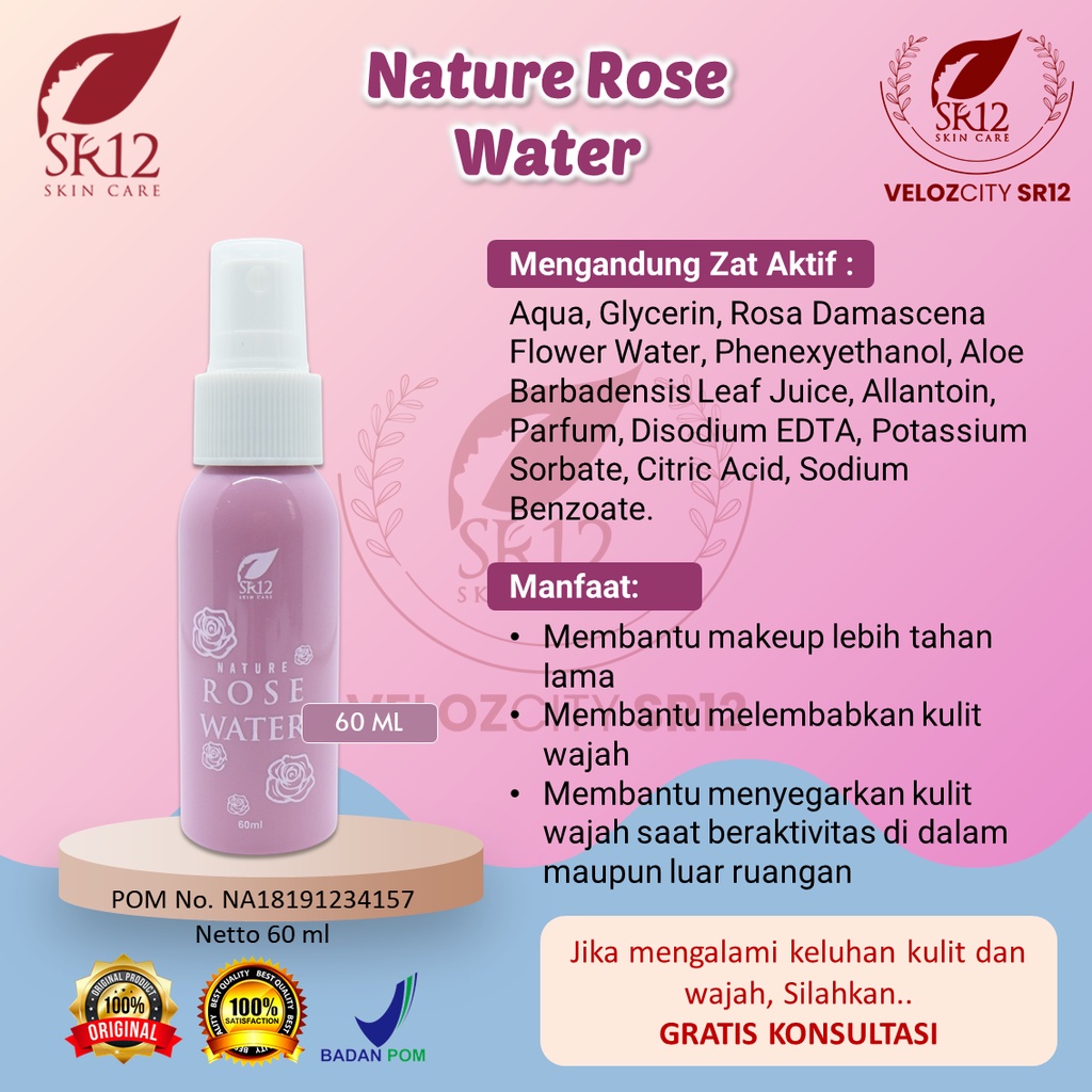 Nature Rose Water SR12 Air Mawar Setting Spray melembabkan Kulit Membantu Make Up Tahan Lama Herbal BPOM