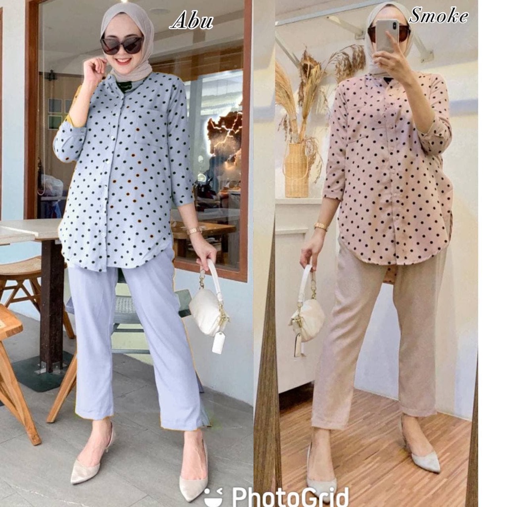 One Set Isla Renata Polkadot Shakila Kield Premium Baju Setelan Wanita Kekinian Set Celana Baggy Pants LD 110 cm