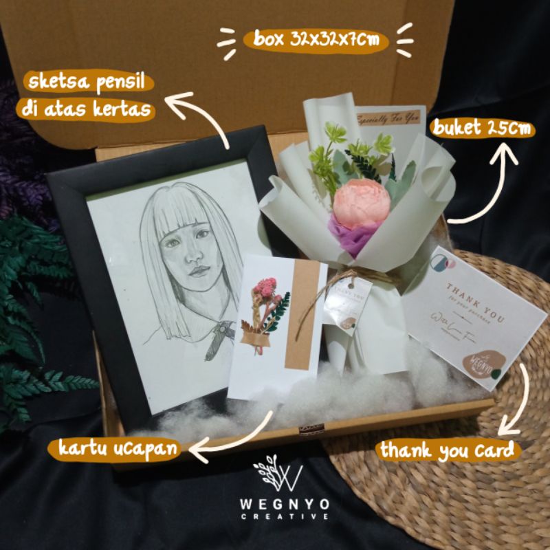 

hampers box gift lukisan wajah pensil sederhana dan buket