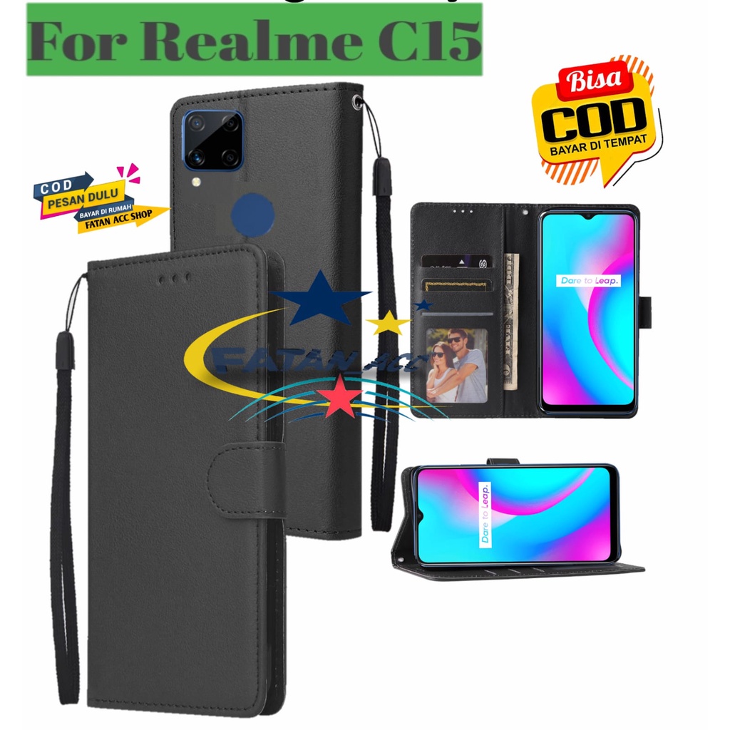 REALME C15 FLIP LEATHER CASE PREMIUM-FLIP WALLET CASE KULIT UNTUK REALME C15 - CASING DOMPET-FLIP CO