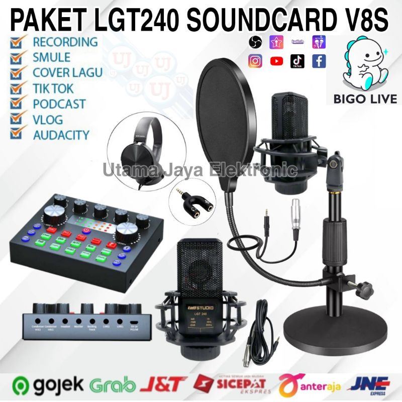 Paket Mic LGT240 Soundcard V8S Bluetooth Stand Meja Pop Filter Original