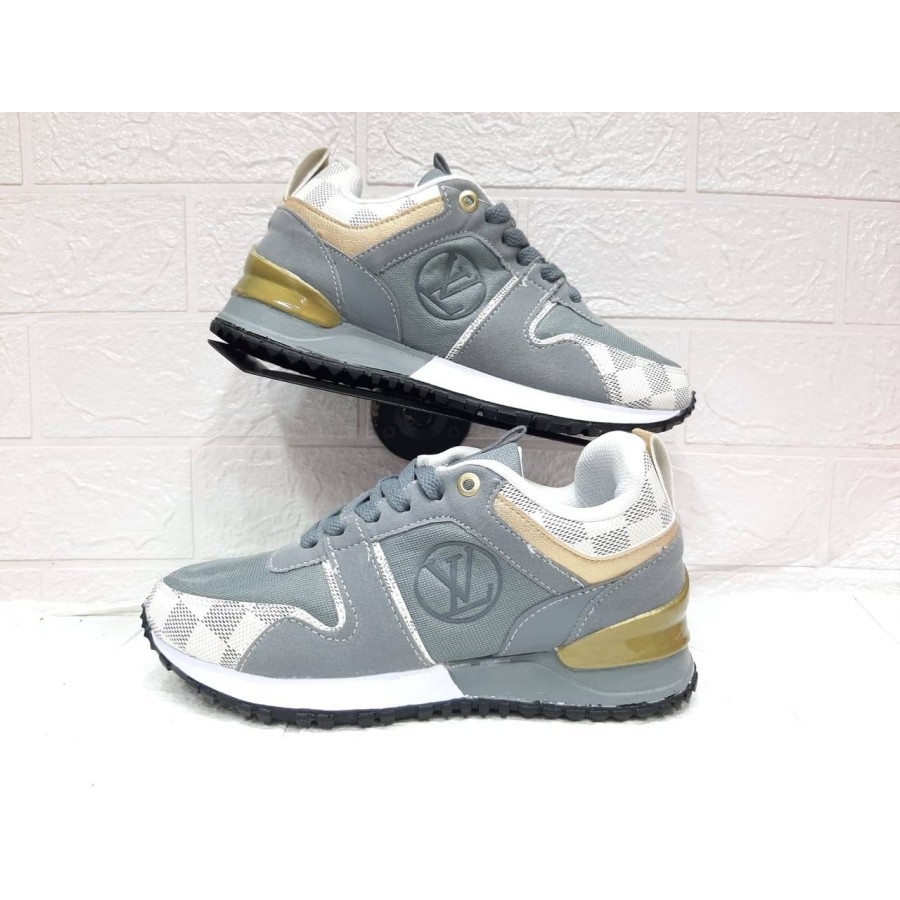 Sepatu LV LOUIS VUITTON WOMEN GRADE ORIGINAL SOFT GREY ABU MUDA SNEAKERS RUNNING OLAHRAGA MURAH