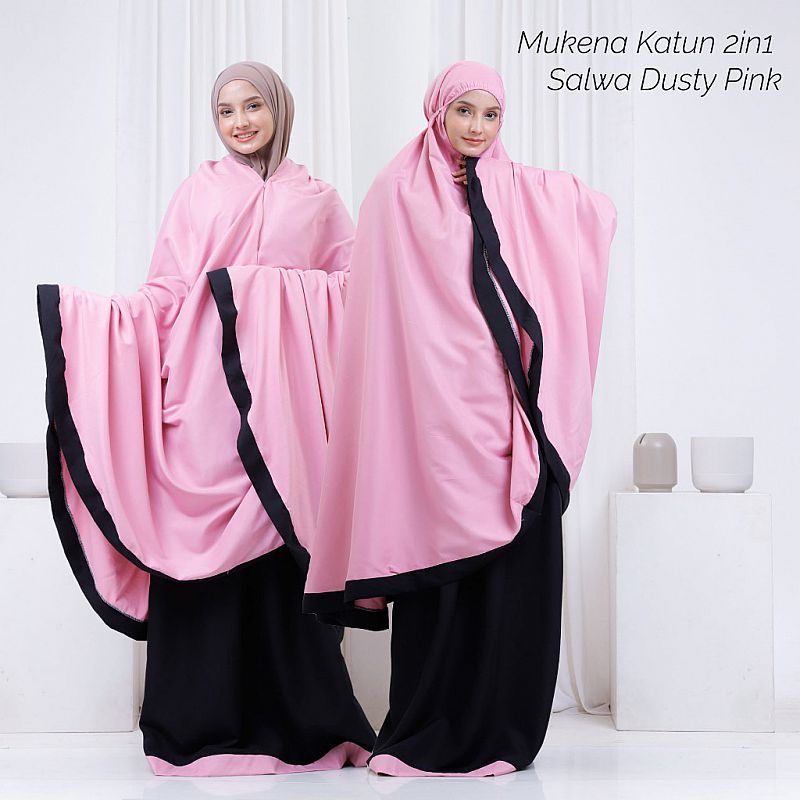 Mukena 2in1 Dewasa Katun Mikro Salwa Dusty Pink Hitam Polos Tas Travel Traveling Bolak Balik 2 Warna