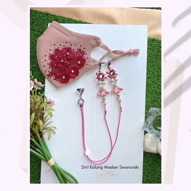 2in1 Kalung Konektor Masker Swarovski “Pink Flower”
