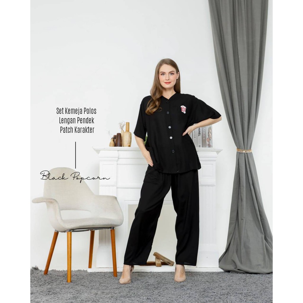Baju Tidur Wanita ONE SET PIYAMA KEMEJA LENGAN PENDEK POLOS