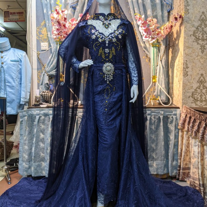 Kebaya Pesta gaun pengantin span slim mutiara ekor panjang - navy, All Size
