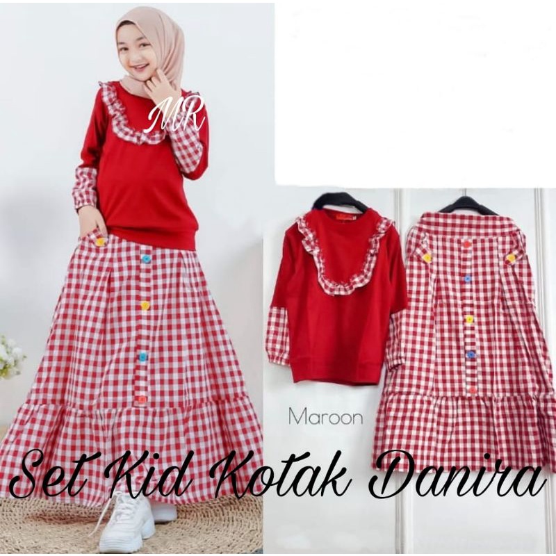 SET ROK FASHION KID ANAK DANIRA KOTAK, MOSCREPE KATUN, SETELAN, 3 UKURAN