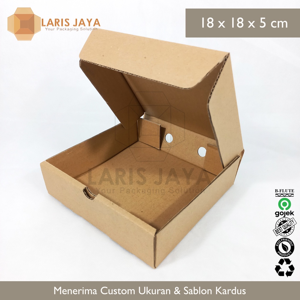 

18 x 18 x 5 cm Kardus Die Cut / Box Pizza Diecut / Brownis / Gift / Hampers / Aksesoris / Kaos / Dus Packing ( Kardus Pizza 18 x 18 x 5 cm )