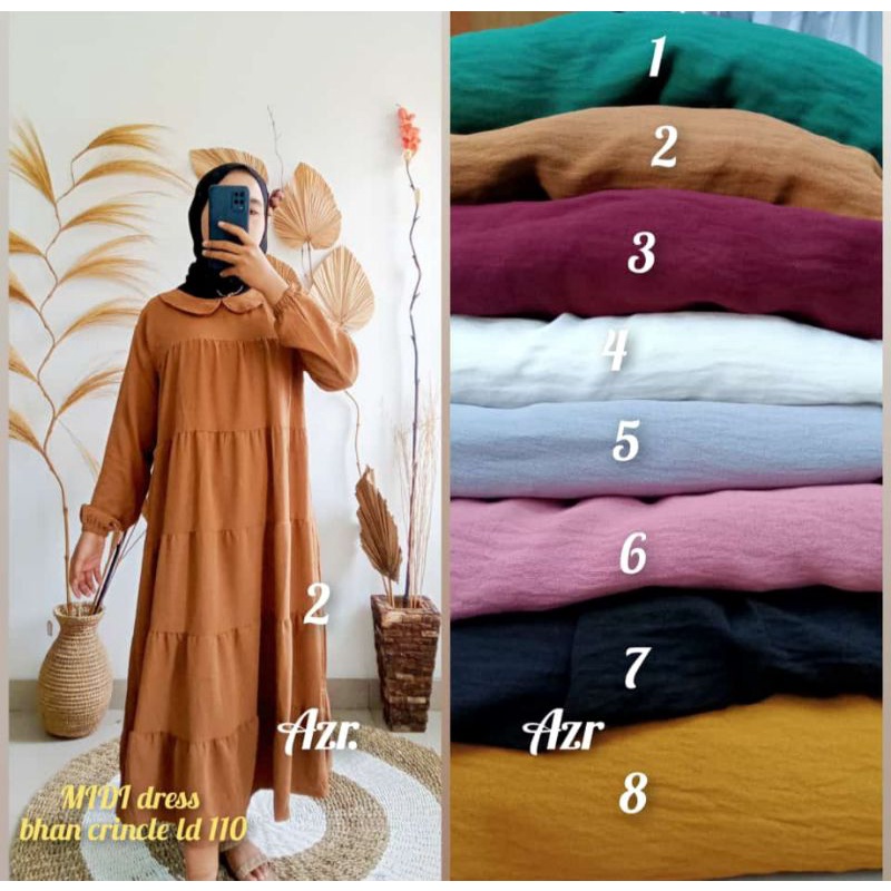 Middi Dress Gamis Wanita Bahan Syakila Crinkle Nyaman Adem Dipakai