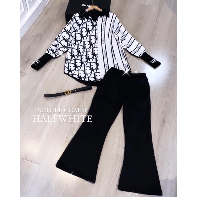 SETCEL DIO ( kemeja + kulot )-Combi halfwhite