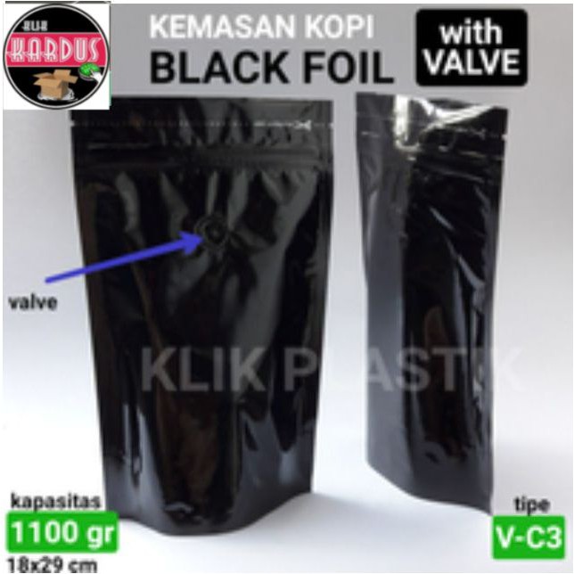 STAND POUCH 1KG VALVE HITAM/KANTONG GUSSET KEMASAN KOPI PLASTIK KLIP