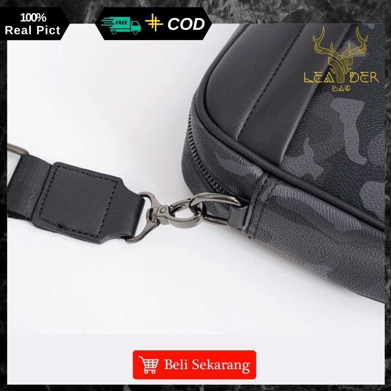 Tas Selempang Kulit Pria Original Waterproof Warna Hitam Loreng Atau Tas Kulit Slingbag Jalan Cowok Terbaru Ori Keren Import Motif Simpel Berkualitas ORIGIN B53