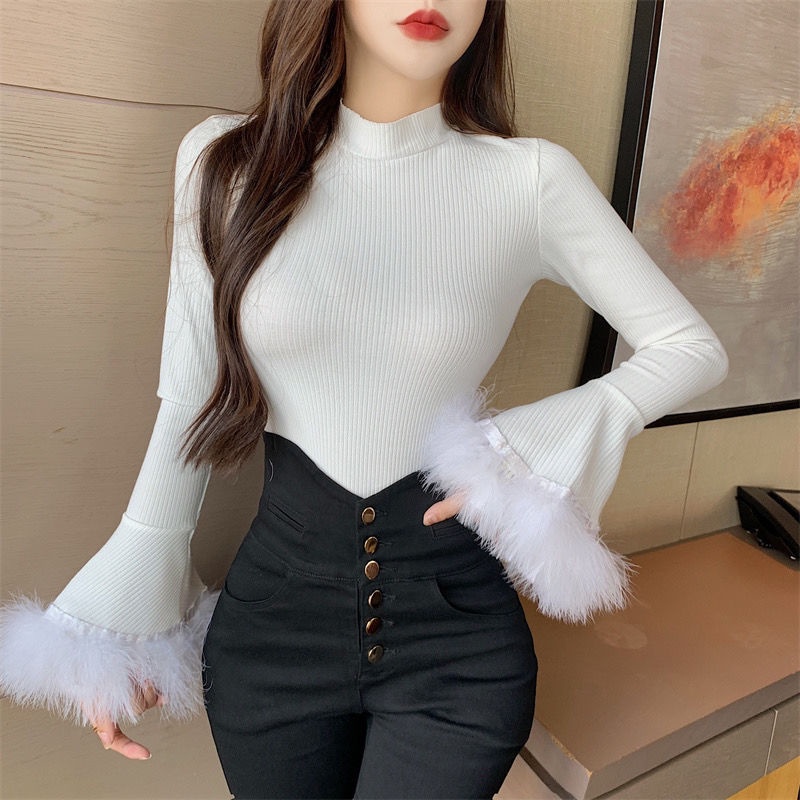 Red Musim Gugur dan Musim Dingin Wanita Baru Lengan Tanduk Jahitan Mantel Bulu Wanita Temperamen Setengah Turtleneck Plus Benang Beludru Bottoming Kemeja T-shirt