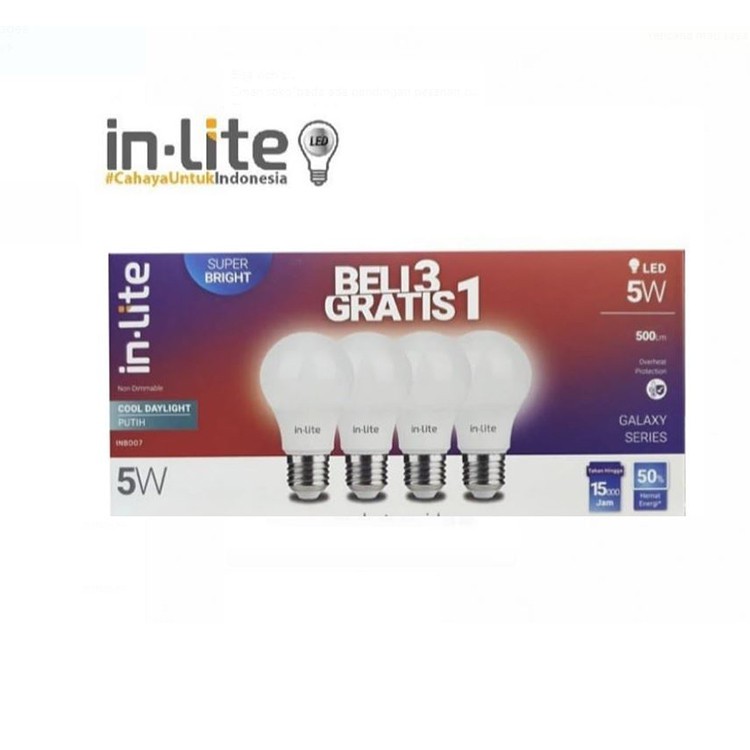 IN-Lite Lampu Bohlam Led 5 Watt Paket Beli 3 Bonus 1 = 4Pcs