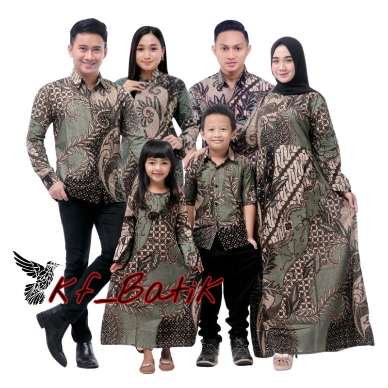 Baju Batik Couple Keluarga Lebaran 2023 Muslim Warna Hijau Motif Kate Hijau Mewah Sarimbit Family At