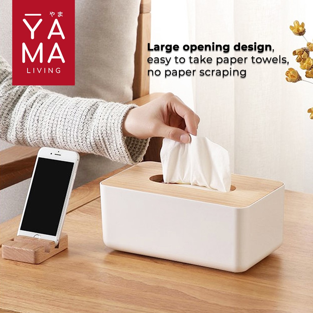 YAMA URESHI Natural Bamboo Tissue Box Kotak Tempat Tisu Putih Kayu Wood Bambu