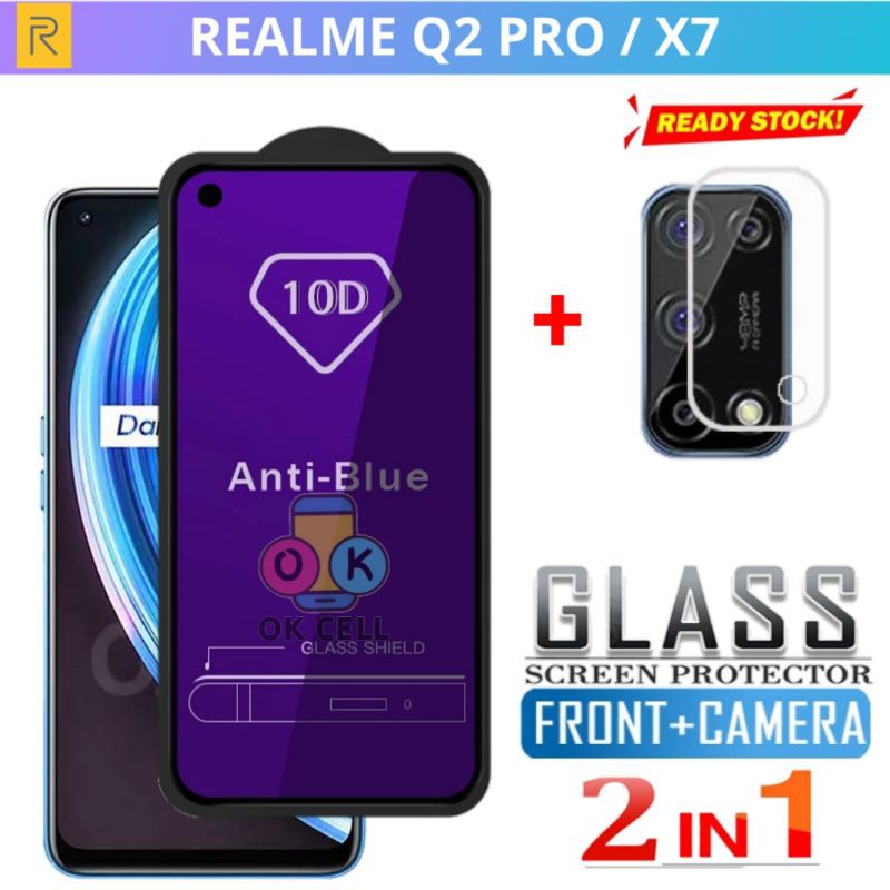 2in1- Tempered Glass Anti Blue Light Realme Q2 Pro X7 - TG Anti Gores Full Layar Kamera Premium