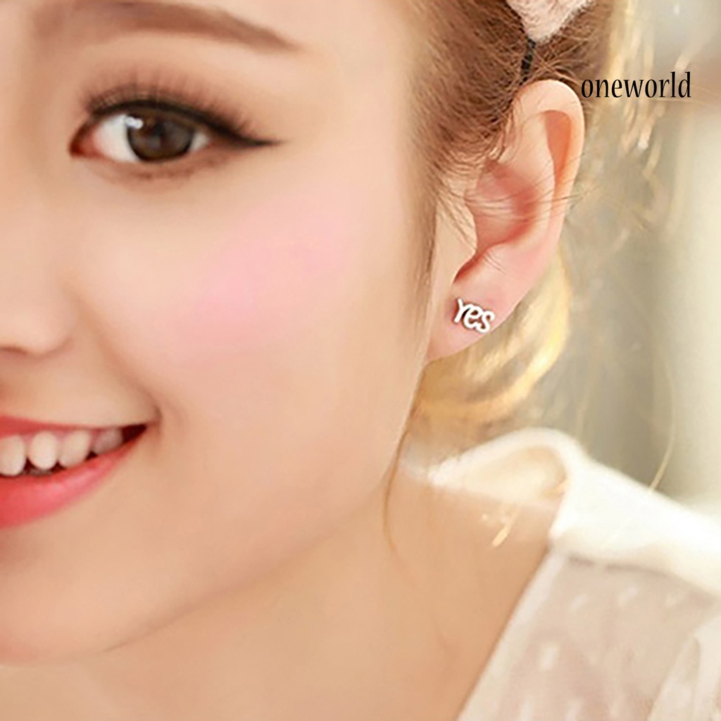 OW@ 1Pair Earrings Fashion 925 Sterling Silver YES NO Korean Style Ear Stud for Party