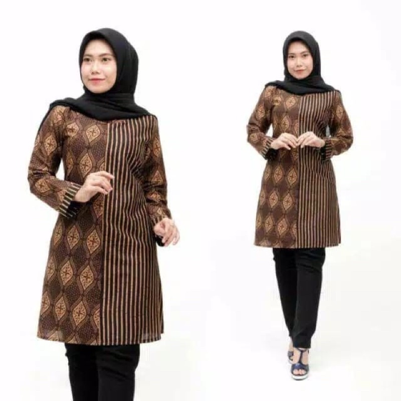 COD - Tunik batik wanita lawasan coklat kekinian M L XL XXL Jumbo-10