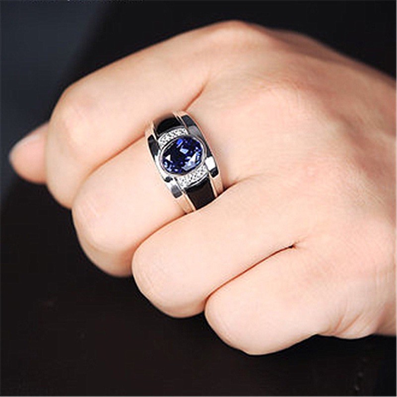 Cincin Pria Batu Blue Saphire Cubic Zirconia Akik Safir Biru Royal Warna Ring Perak List Hitam