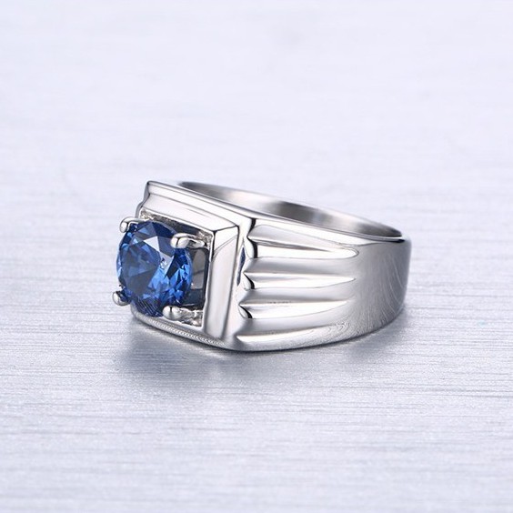 Cincin Kawin / Tunangan / Cincin Single Pria Cowok Titanium 316L Blue Zircon AAA CP001