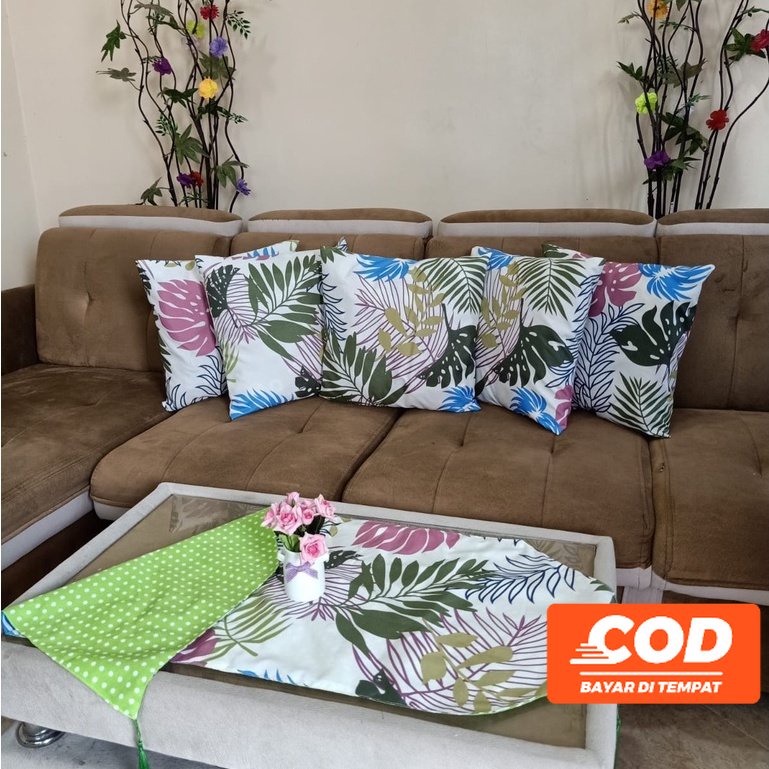 COD PAKET SARUNG BANTAL KURSI SOFA SET 5 PCS 40x40 DAN TAPLAK MEJA TAMU PREMIUM MEWAH ANEKA MOTIF PE