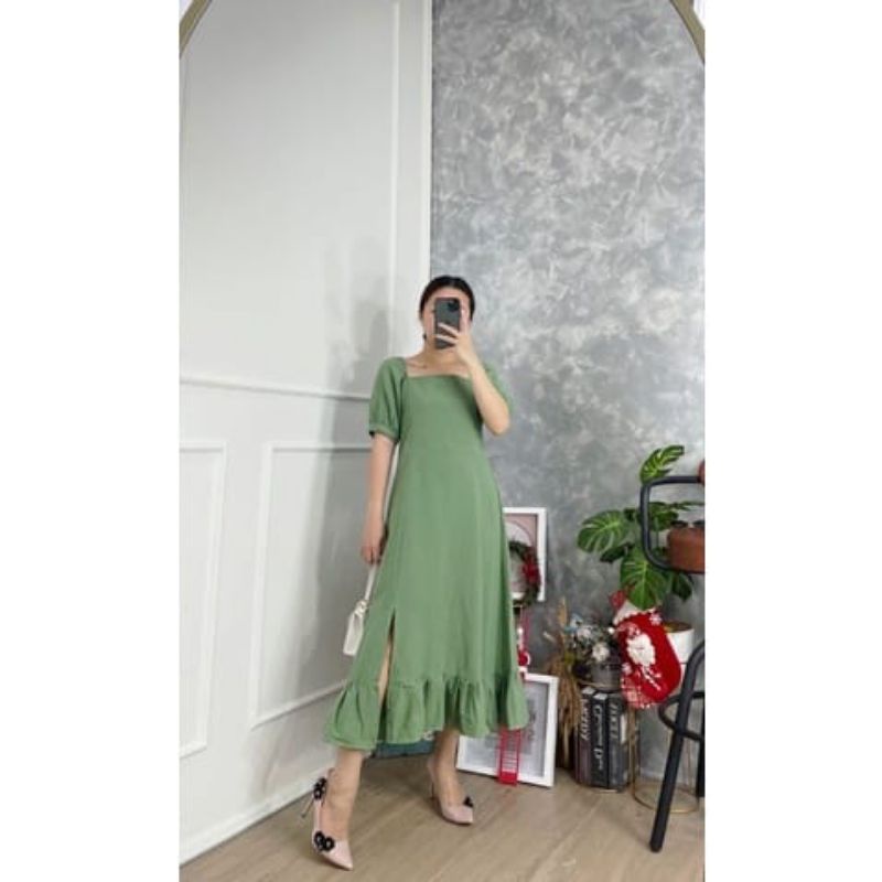 Dress Wanita Korean Dress Midi Slit Smocked Dress Slit Dress SlitDress DressWanita Dresscewek+free masker