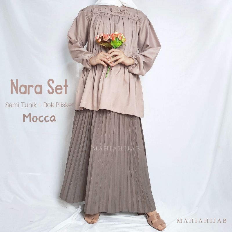 Nara Set Semi tunik + Rok plisket hijab outfit paket ootd, SETELAN LENGKAP