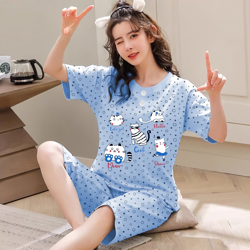 Lilipop.id  Baju Tidur Wanita 3/4 ALL SIZE STANDAR Cat Setelan Piyama BabyDoll Kaos Celana Pendek