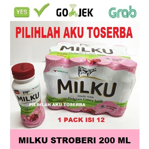 MILKU Susu UHT Rasa STROBERI 200 ml - (1 pack isi 12 botol) GRAB/GOJEK/SHOPEE