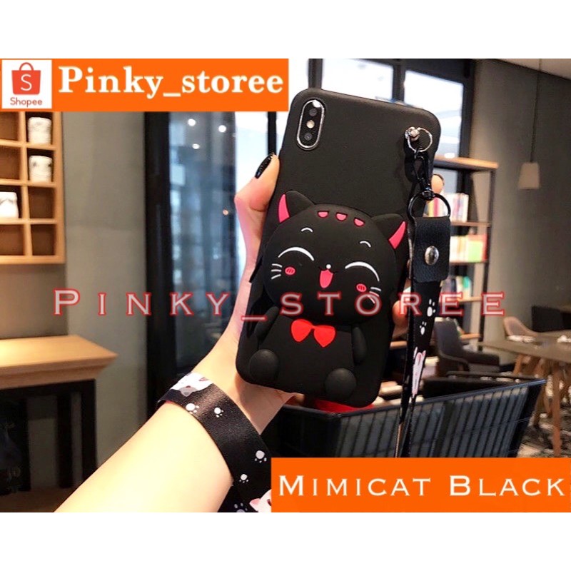 OPPO A54 A16 A15 A15S A53 A33 A92 A52 A11K A12 A7 A5S/ CASE KARAKTER DOMPET KOIN + TALI GANTUNGAN-Mimicat Black
