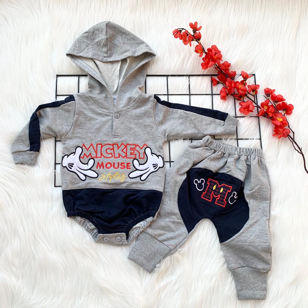 Setelan baju jumper hoodie &amp; celana motif mickey bestseller fashion anak bayi cowok laki murah -mic