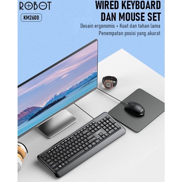 ROBOT KM2600 Keyboard & Mouse Kabel Combo 104 Key 1200 DPI Komputer / Laptop New KM2500 - Garansi Resmi 1 Tahun-1