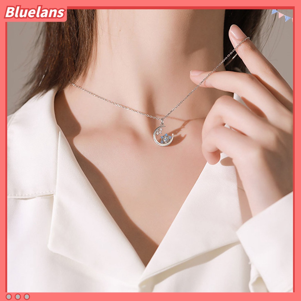 Bluelans Kalung Liontin Bulan Kepingan Salju Aksen Berlian Imitasi Gaya Korea Untuk Wanita