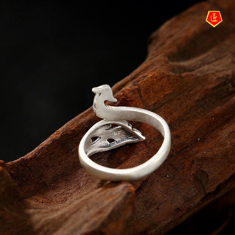 [Ready Stock]Creative Retro Winding Silver Black Peacock Ring