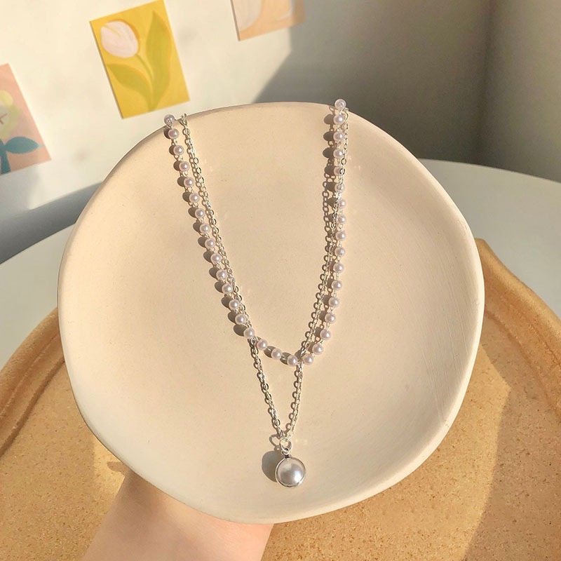 Kalung Rantai Klavikula Liontin Mutiara Ganda Warna Silver Untuk Wanita