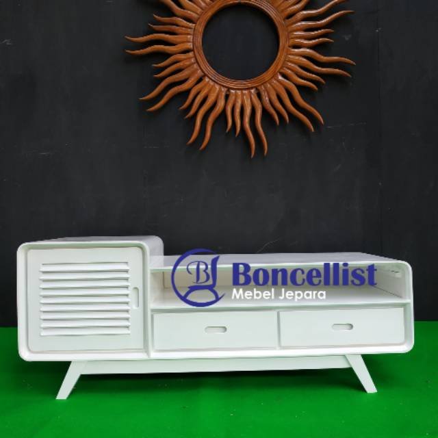 Meja tv minimalis cat duco putih kayu jati jepara