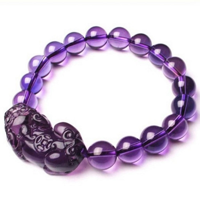 Feng Shui Purple Crystal Pixiu Bracelet Wealth Prosperity Mantra Bead Charms Hand Carved Jewelry Attract Good Luck