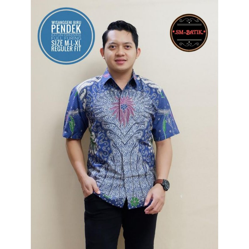 Kemeja Batik Lengan Pendek/Hem Batik Lengan Pendek WISANGGENI BIRU PENDEK Batik Lapis Furing Terbaru